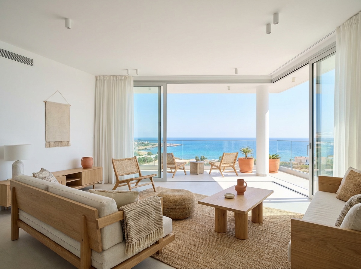 Apartments for Rent in Cyprus: Complete District-by-District Guide (2026) 2 Modern furnished apartment interior for rent in Cyprus with sea view balcony and contemporary Mediterranean design