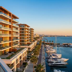 Modern apartment buildings in Limassol Cyprus seafront with Mediterranean blue sea and sky
