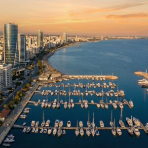 Aerial view of Cyprus coastline with Limassol skyline and Mediterranean Sea