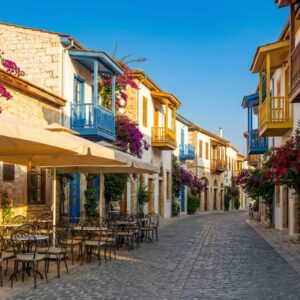 Colourful Mediterranean street in Cyprus with outdoor café and bougainvillea
