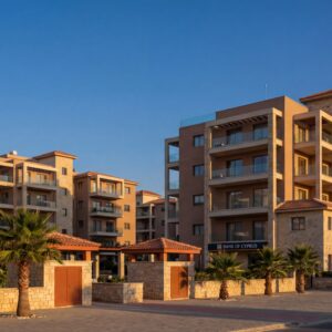 Modern residential apartment buildings in Nicosia Cyprus with Mediterranean architecture at golden hour