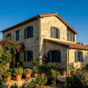 Traditional stone house with garden in Cyprus village with Mediterranean architecture and blue sky