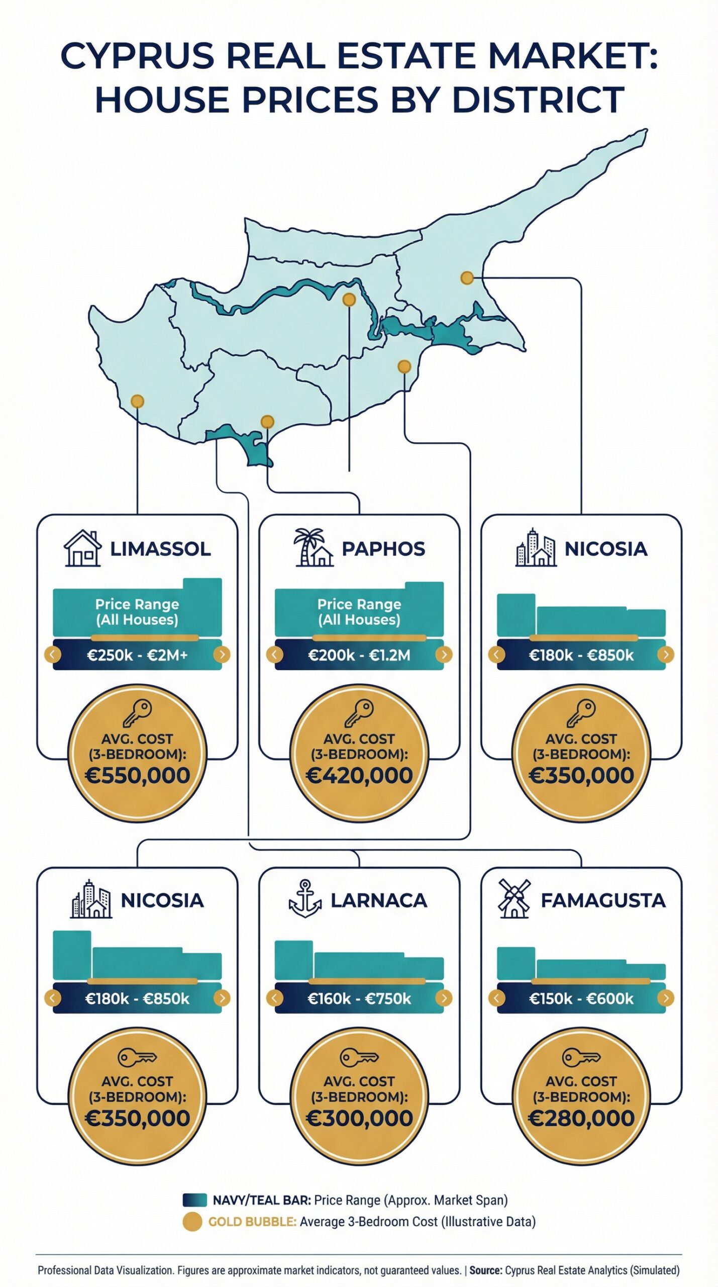 Infographic showing house prices across five Cyprus districts