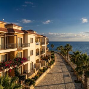 Mediterranean apartment building with balconies overlooking a coastal promenade in Cyprus