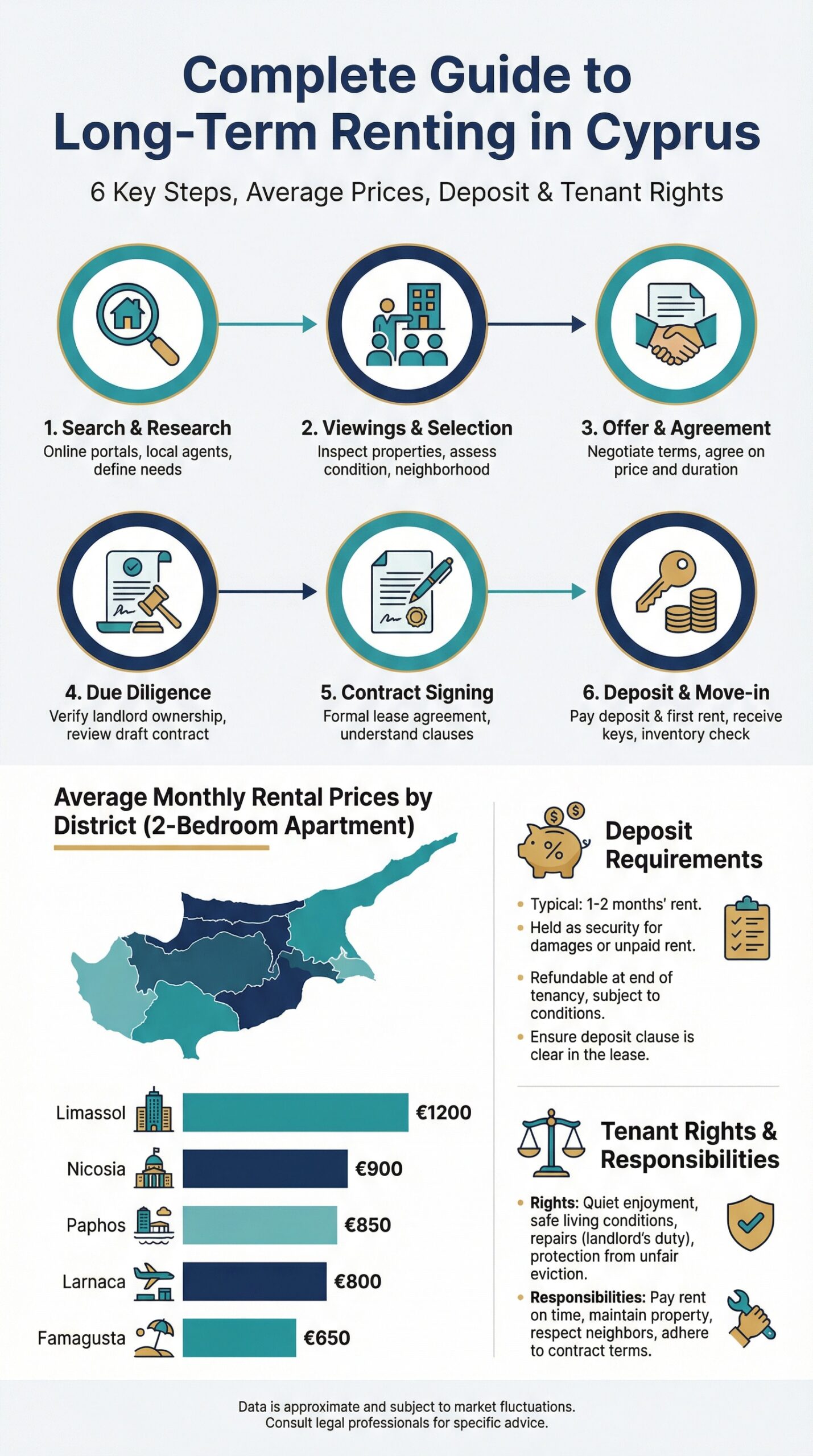 Infographic showing steps and average rental prices for long-term renting in Cyprus by district