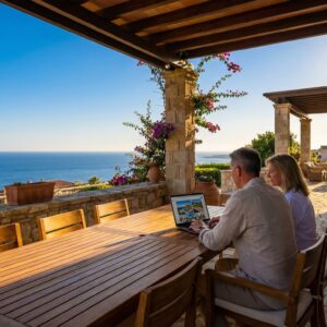 British couple reviewing property listings on a laptop on a sunny terrace in Paphos Cyprus overlooking the Mediterranean