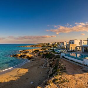 Protaras beachfront coastline with turquoise sea and modern villa complex, Famagusta Cyprus