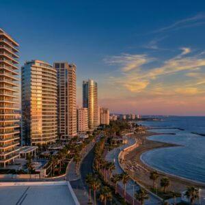 Limassol seafront skyline with modern residential towers and Mediterranean coastline at golden hour