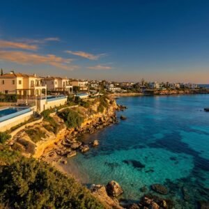 Protaras Fig Tree Bay coastline with villas and crystal clear Mediterranean water, Cyprus