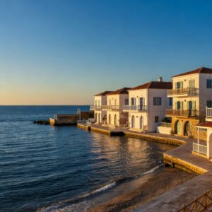 Paphos harbour and seafront apartments at golden hour Cyprus