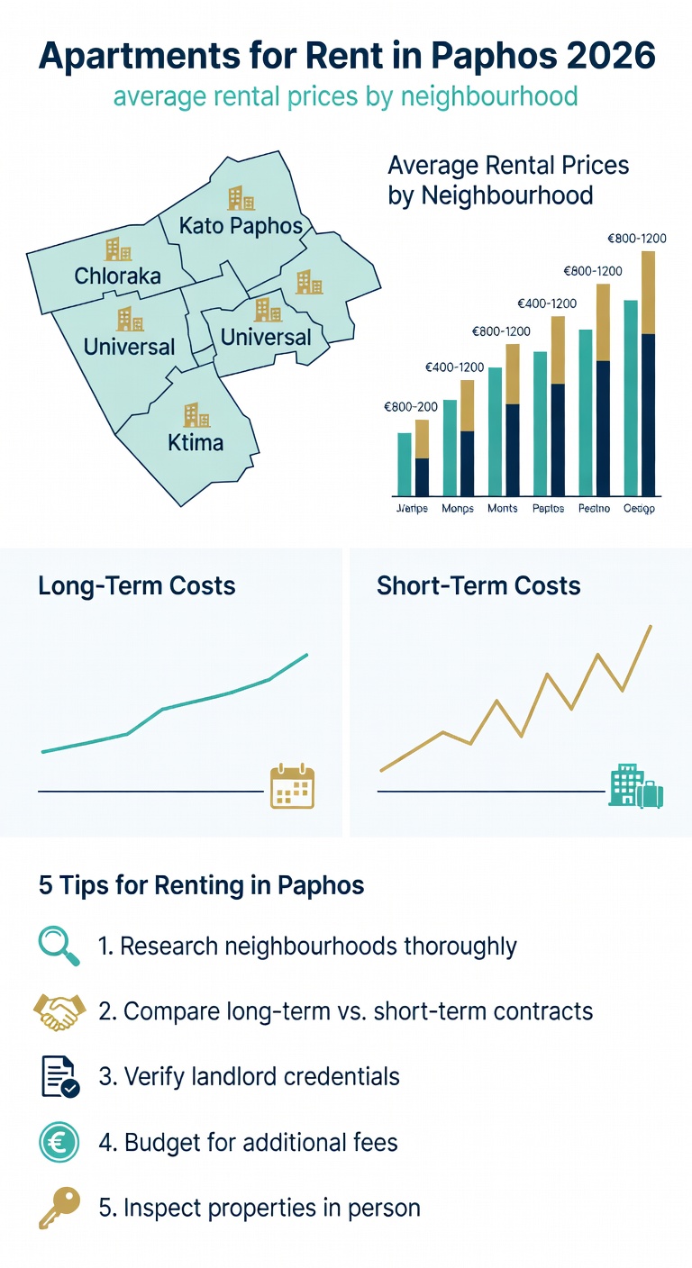Infographic: Apartments for rent in Paphos 2026 — rental prices by neighbourhood and renting tips