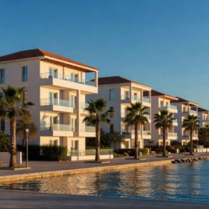 Modern apartment buildings along the Larnaca Finikoudes seafront promenade in Cyprus at golden hour