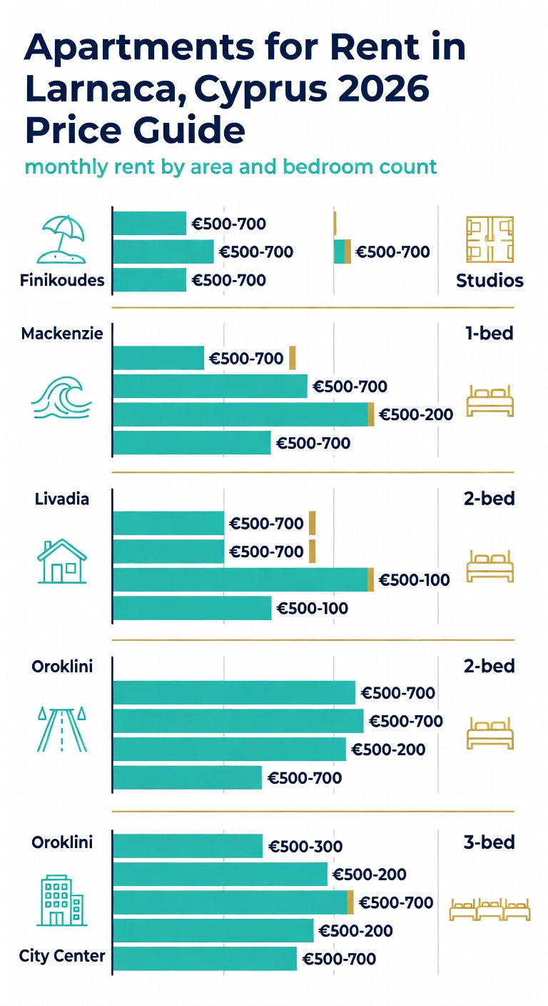 Apartments for rent in Larnaca Cyprus 2026 price guide by area and bedroom count