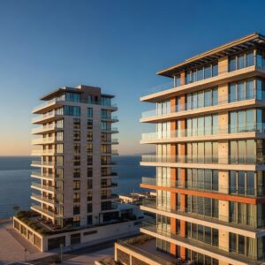 Modern luxury high-rise apartments along Limassol seafront at golden hour, Cyprus