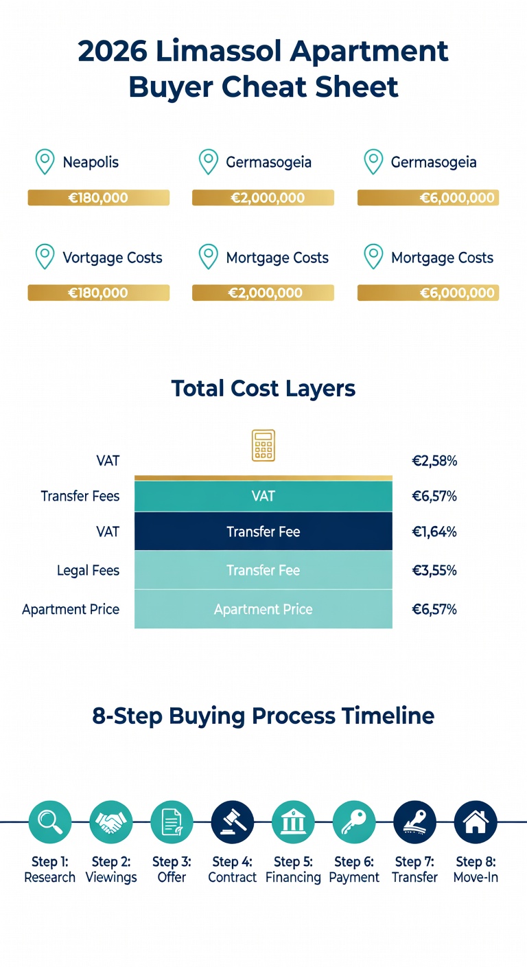Infographic: 2026 Limassol apartment prices by neighborhood, buying steps and total cost layers