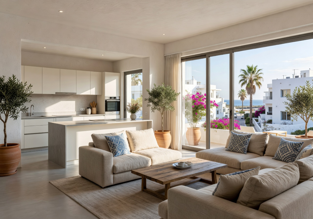 Modern furnished living room of a rental house in Cyprus