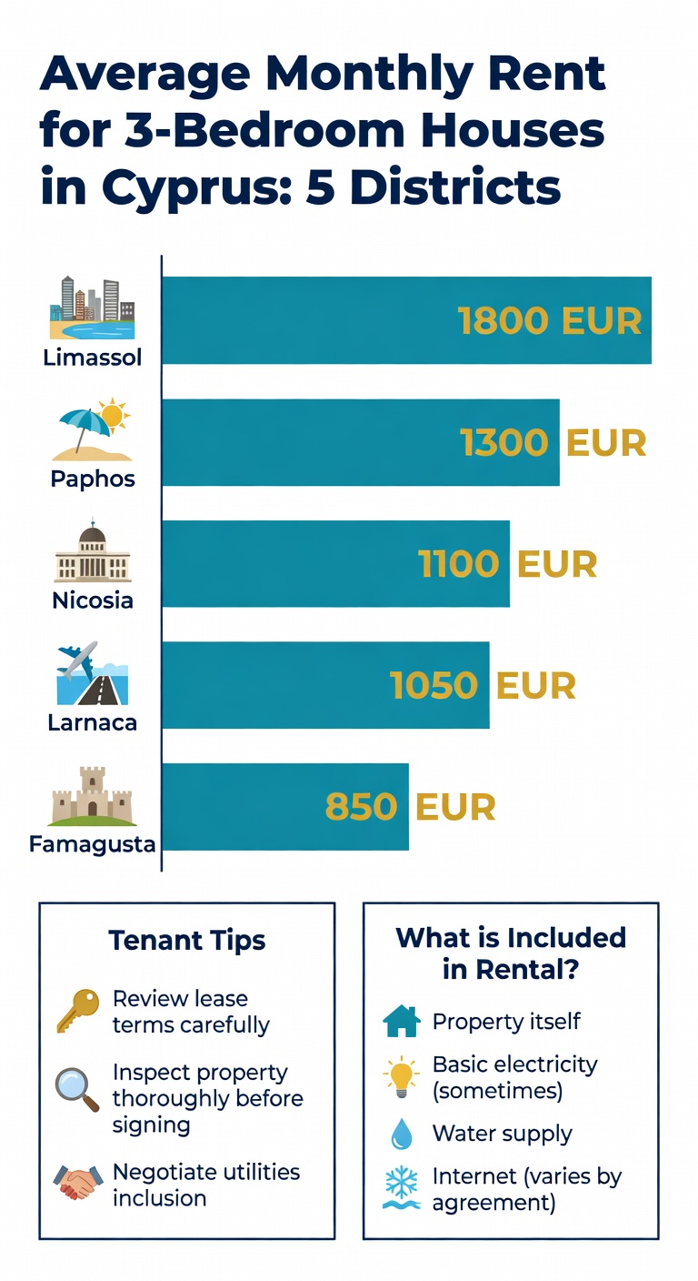 Infographic: Average monthly rents for 3-bedroom houses across Cyprus districts in 2026