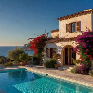 A Mediterranean house exterior with garden terrace in Limassol Cyprus at golden hour