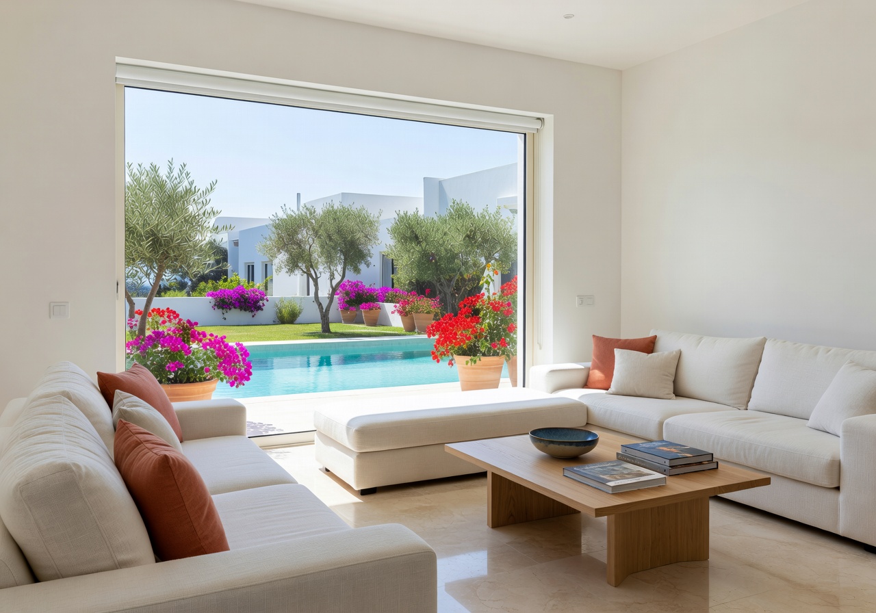 Modern furnished living room of a rental villa in Paphos Cyprus