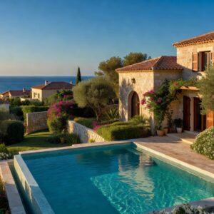 Detached Mediterranean rental house in Paphos Cyprus with private pool, garden, and sea view