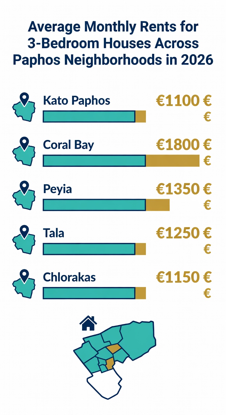 Infographic: average monthly rents for 3-bedroom houses across Paphos neighbourhoods in 2026