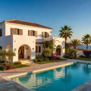 Modern Mediterranean detached family house with garden and swimming pool in a Larnaca Cyprus suburb at golden hour