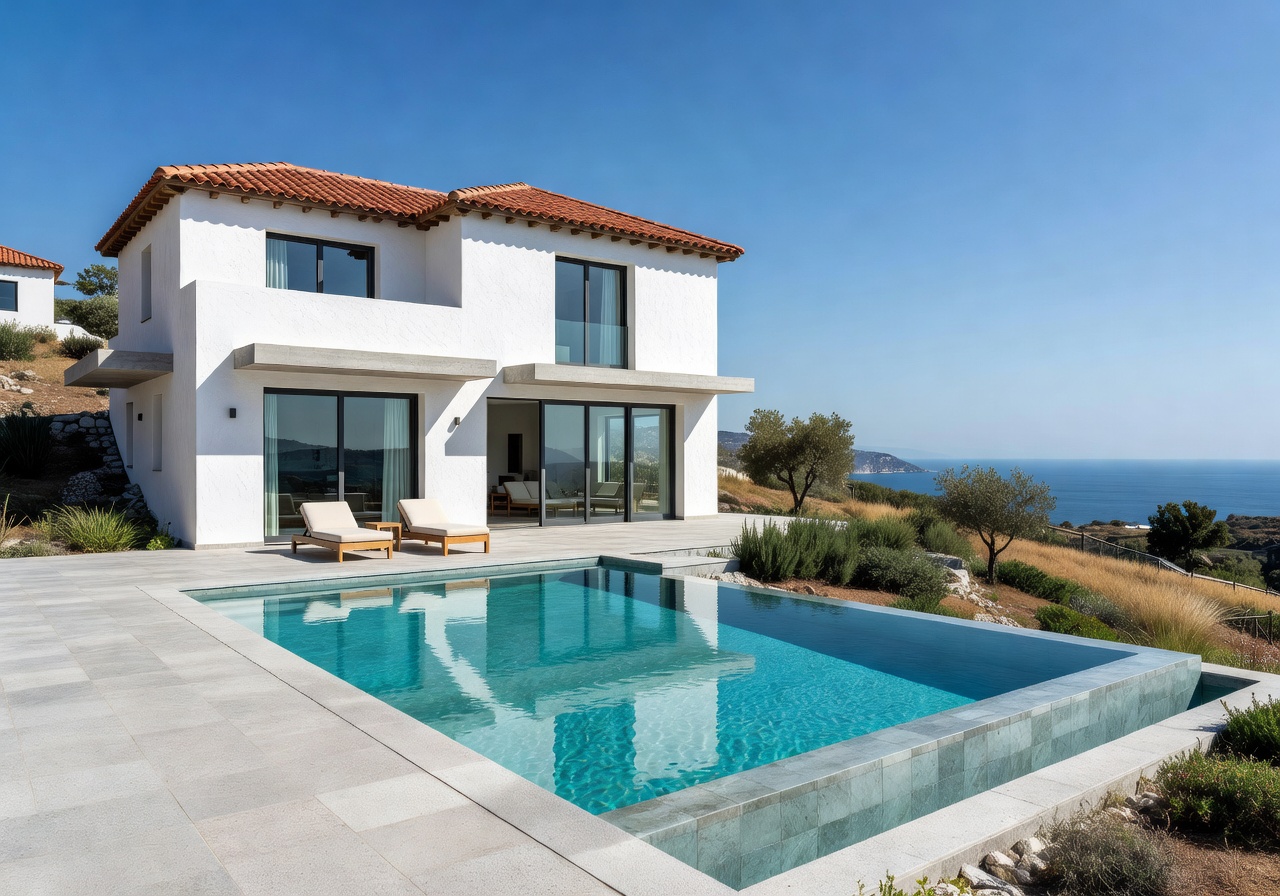 Modern detached Cyprus house in a Paphos hillside village with whitewashed walls, terracotta roof, pool terrace and sea view — houses for sale in Paphos 2026