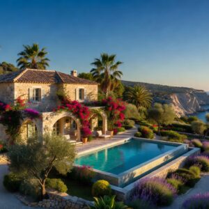 Traditional stone villa with terracotta roof, private pool and Mediterranean garden overlooking the Paphos coastline at golden hour — houses for sale in Paphos 2026 guide
