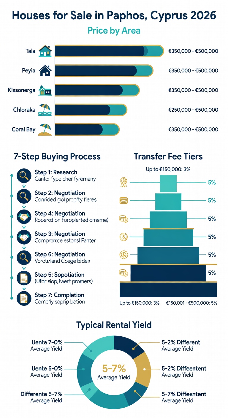 Infographic: houses for sale in Paphos 2026 — prices by area (Coral Bay, Peyia, Tala, Konia, Kissonerga), 7-step buying process, transfer fee tiers, and typical rental yield