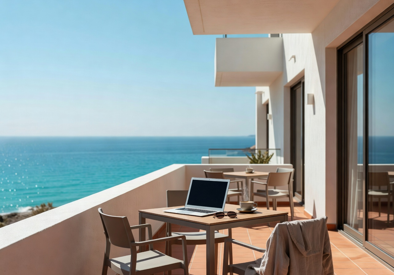 Modern Mediterranean apartment terrace in Cyprus overlooking the sea