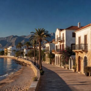 Cyprus coastal seafront promenade with Mediterranean architecture at golden hour