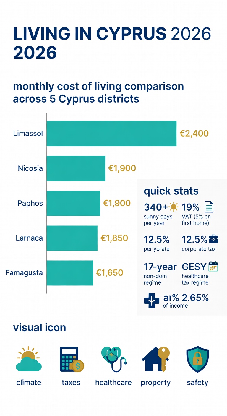 Living in Cyprus 2026 infographic comparing monthly cost of living across five Cyprus districts