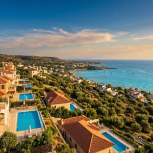 Panoramic view of Peyia village and Coral Bay coastline in Paphos Cyprus with Mediterranean villas