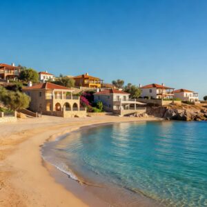 Aerial view of Coral Bay beach in Paphos Cyprus with turquoise waters and surrounding villas
