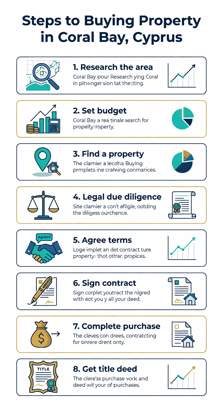 Property for Sale in Coral Bay, Cyprus: Complete 2026 Buyer's Guide 1 Infographic showing the step-by-step process of buying property in Coral Bay Cyprus
