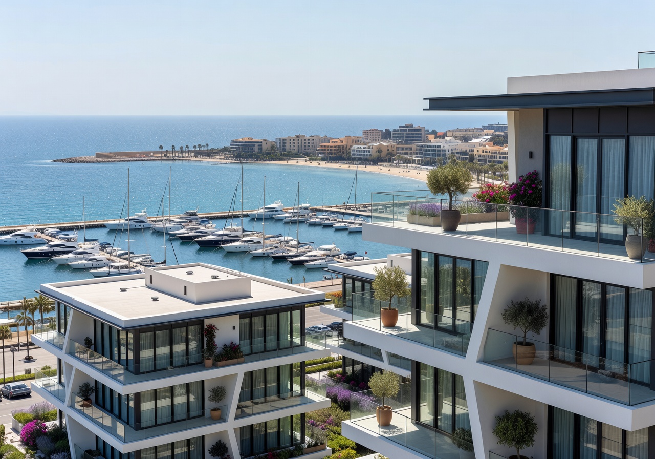 Modern apartment complex overlooking Larnaca marina and Mediterranean coastline in Cyprus