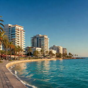 Larnaca seafront promenade with palm trees and modern residential buildings overlooking the Mediterranean Sea in Cyprus