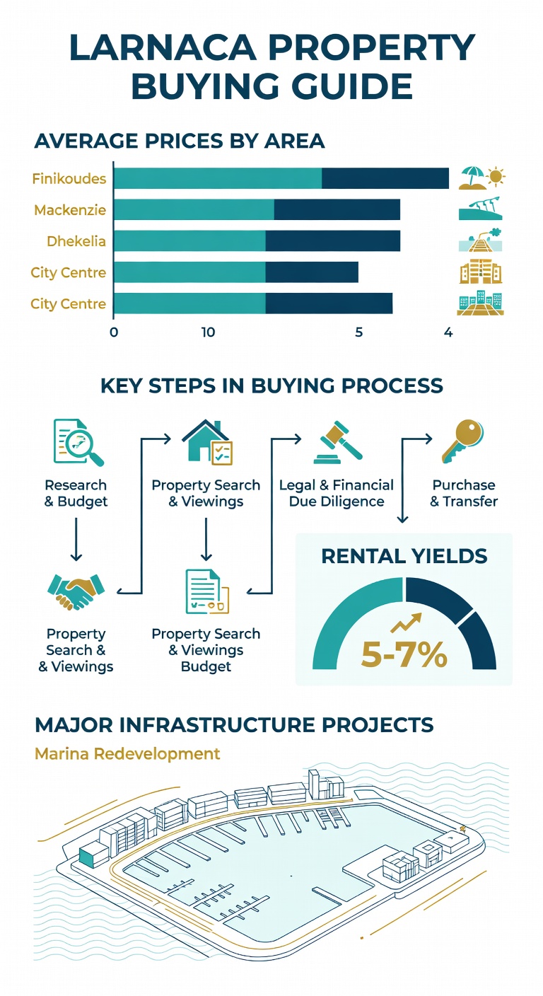 Infographic showing Larnaca property prices by area, buying steps, rental yields, and infrastructure projects