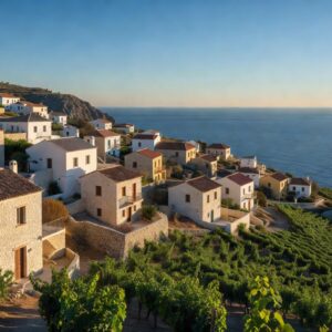 Scenic view of Pissouri village in Cyprus with white houses on a hillside overlooking the Mediterranean Sea
