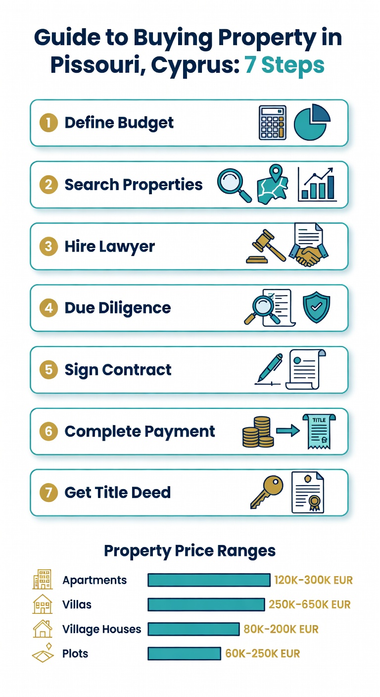 Infographic showing steps and price ranges for buying property in Pissouri Cyprus