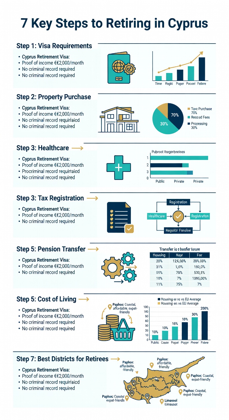 Infographic: 7 key steps to retiring in Cyprus - visa, property purchase, healthcare, tax, pension, cost of living, best districts