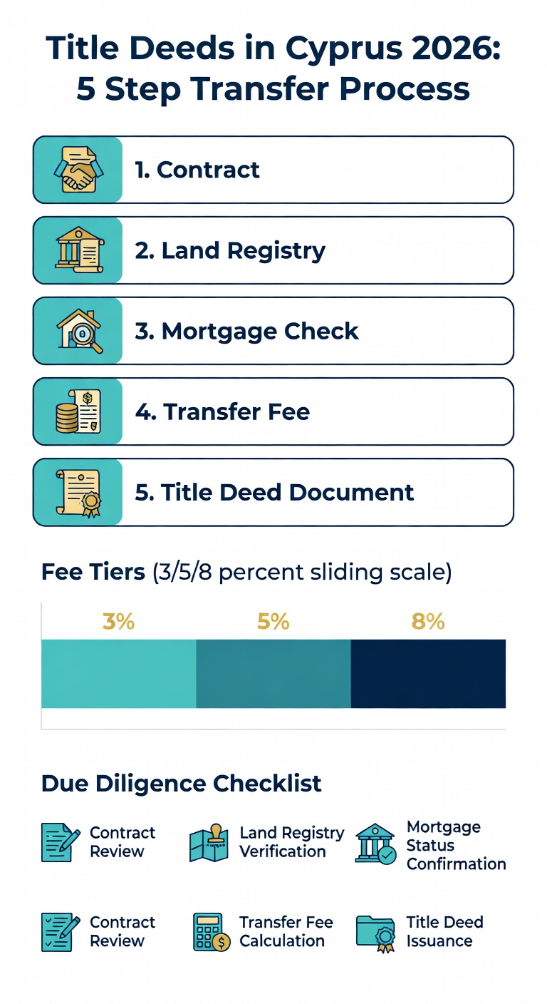 Infographic showing the 5-step title deeds transfer process in Cyprus, fee tiers, and due diligence checklist for 2026