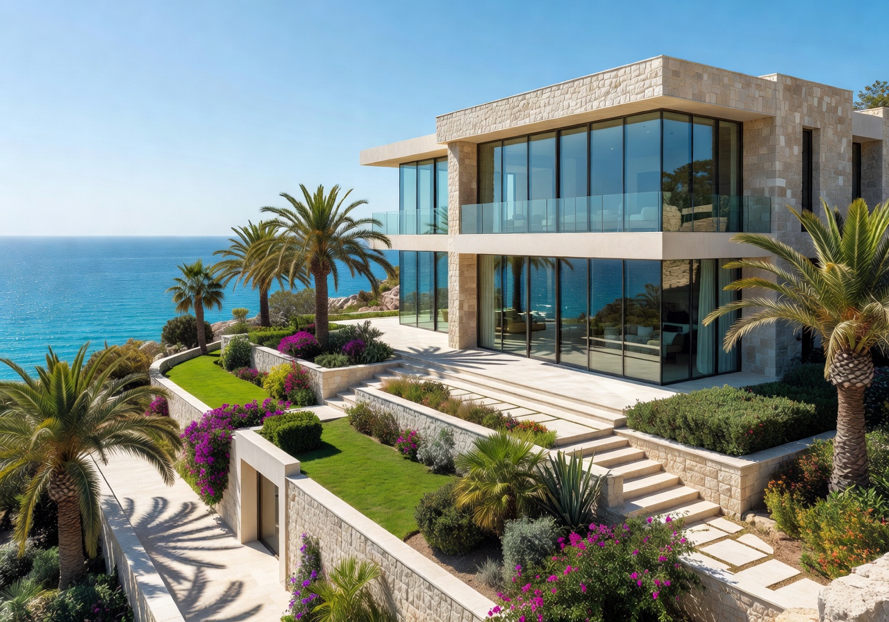 Modern stone-and-glass villa with sea view, terraced garden and palm trees in Coral Bay Paphos Cyprus