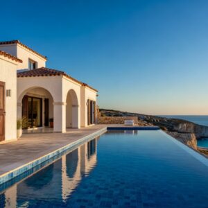 Luxury Mediterranean villa with private pool overlooking the Paphos coastline at golden hour — villas for sale in Paphos 2026 guide