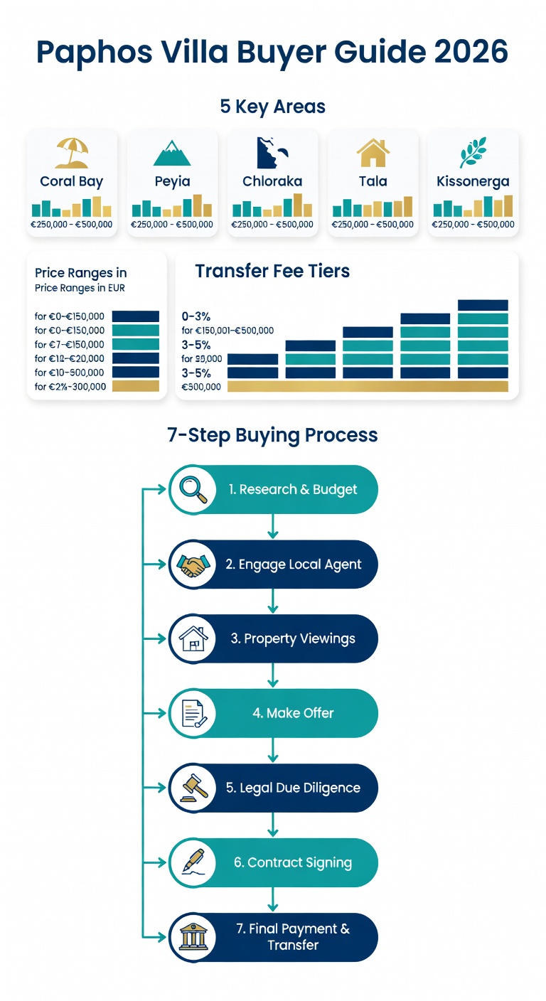 Infographic: Paphos villa prices 2026 by area, transfer fee tiers, and 7-step buying process for foreign buyers