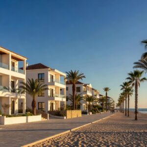 Modern apartment buildings along Larnaca seafront and Foinikoudes promenade at golden hour, Cyprus
