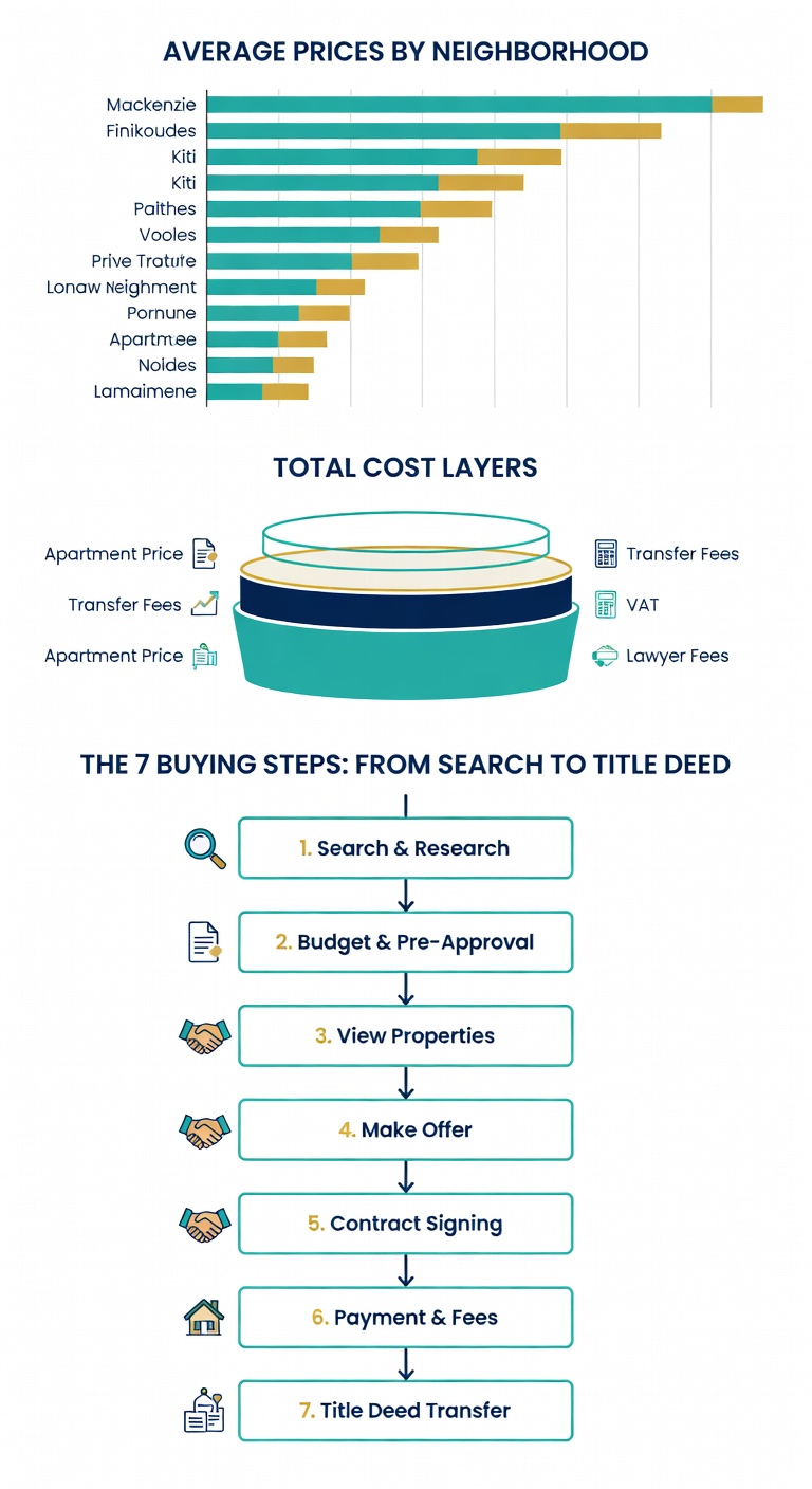 Infographic: 2026 Larnaca apartment prices by neighborhood, total cost layers and 7 buying steps