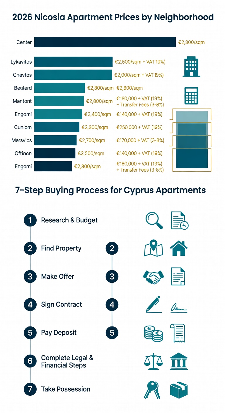 Infographic: 2026 Nicosia apartment prices by neighborhood, total cost layers and 7-step buying process for Cyprus apartments