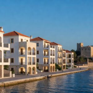Modern apartment buildings overlooking the Paphos harbour and Mediterranean Sea at golden hour, Cyprus