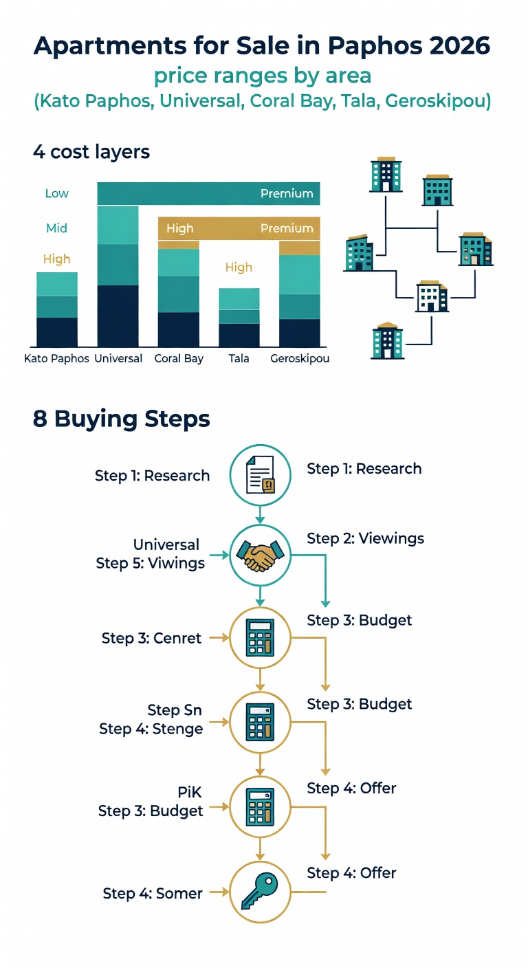 Infographic: 2026 Paphos apartment prices by area, total cost layers and 8-step buying process